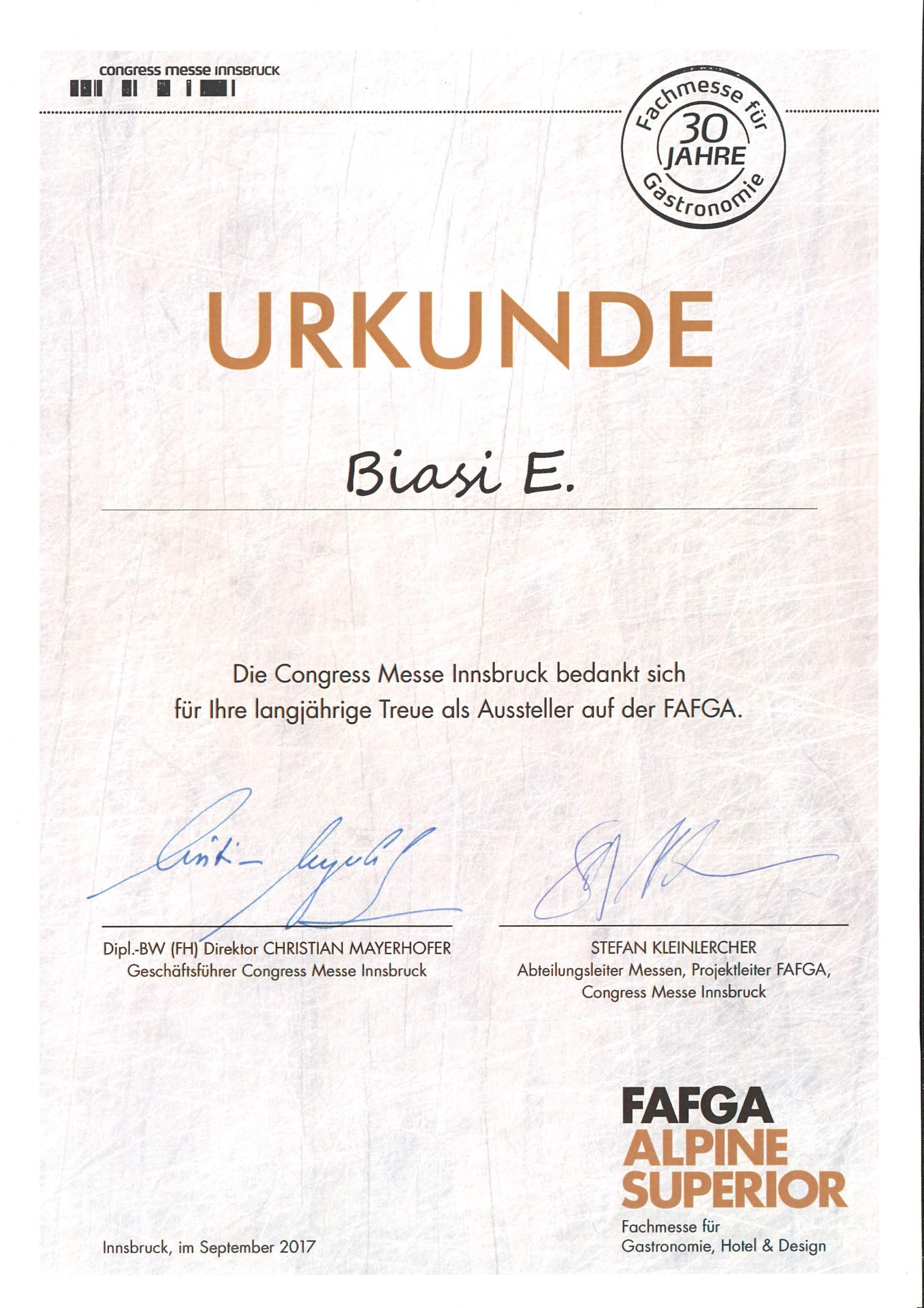 Urkunde - 30 Jahre Fafga
